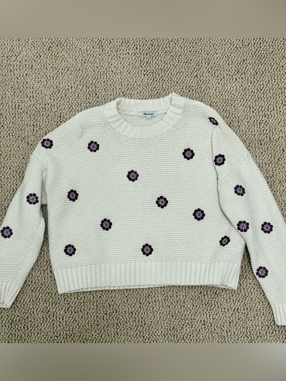 Madewell Cream Crewneck Sweater with Purple Floral Dots